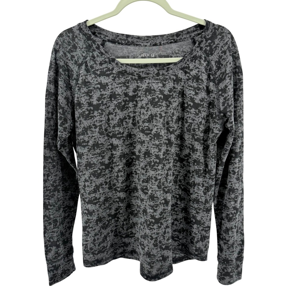 BCG Womens Large Grey Top Burnout Fabric Black‎ Camo Long Sleeve Activewear